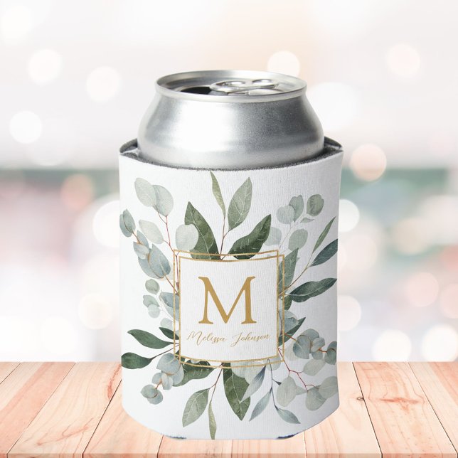 Enfriador De Latas Monogram Watercolor Tropical Green Leaves (In situ)