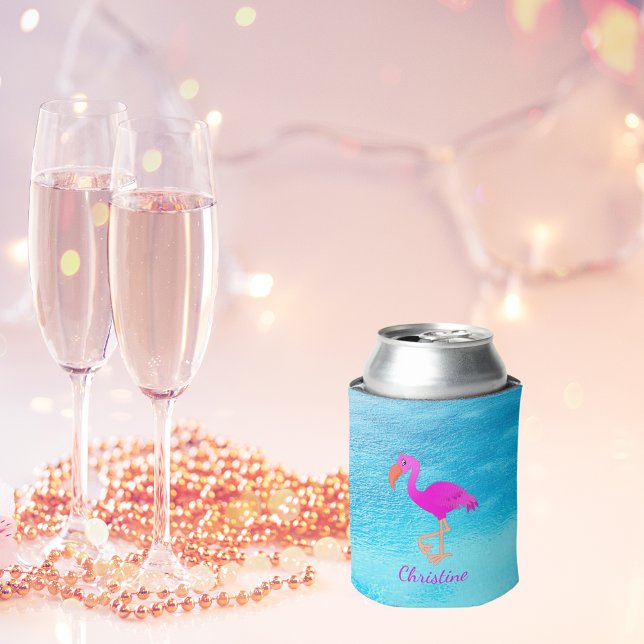 Enfriador De Latas Monograma azul de flamingo rosa (Subido por el creador)