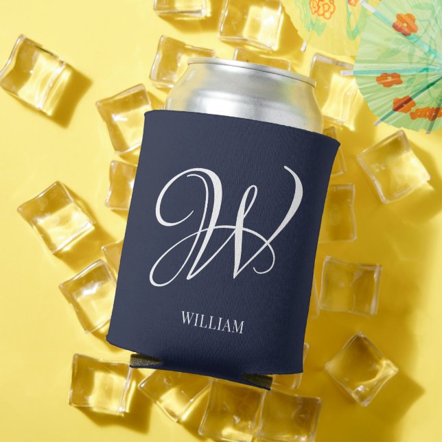 Enfriador De Latas Monograma azul de la marina elegante personalizada (Verano in situ)