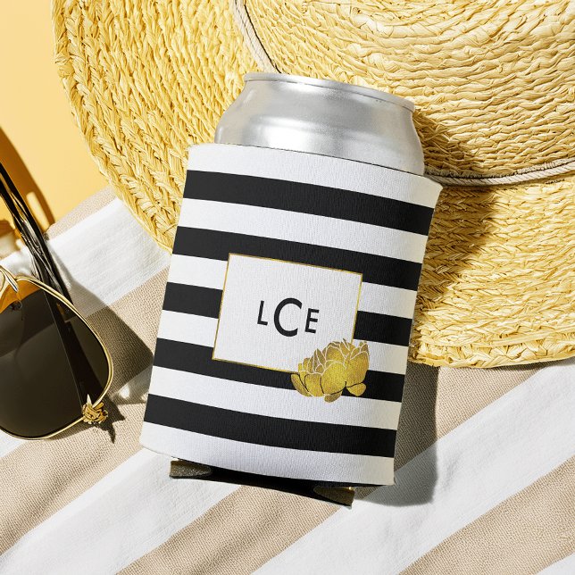 Enfriador De Latas Monograma Black Stripe & Gold Peony (Subido por el creador)