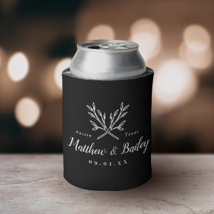 Enfriador De Latas Monograma Boda de ramas rusas   Negro