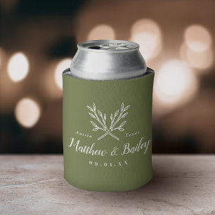 Enfriador De Latas Monograma Boda de ramas rusas   Verde oliva