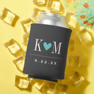 Enfriador De Latas Monograma Boda moderno gris y turquesa