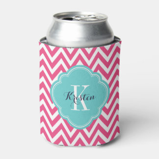 Enfriador De Latas Monograma Chevron rosa caliente y turquesa