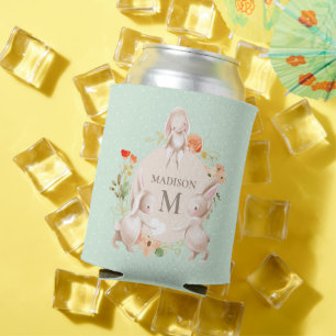 Enfriador De Latas Monograma Conejo Conejo Floral Pascua Personalizad