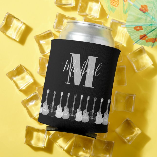 Enfriador De Latas Monograma de arte monocromático de guitarra acústi (Verano in situ)