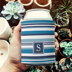 Enfriador De Latas Monograma de banda múltiple azul y blanco