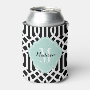 Enfriador De Latas Monograma de Black and Mint Trellis