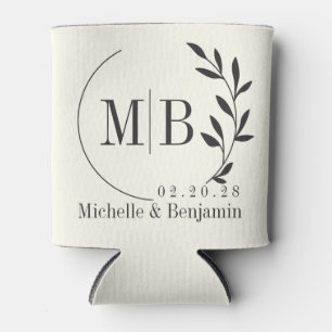 Enfriador De Latas Monograma de boda con hoja de marfil y negro cálid