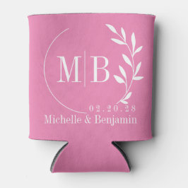 Enfriador De Latas Monograma de boda con hoja rosa