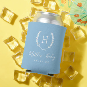 Enfriador De Latas Monograma de Boda Laurel Crest Azul Cielo