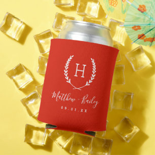 Enfriador De Latas Monograma de Boda Laurel Crest Rojo