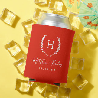 Enfriador De Latas Monograma de Boda Laurel Crest | Rojo
