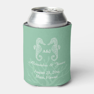 Enfriador De Latas Monograma de boda Seafoam Green Blue Seahorse Beac