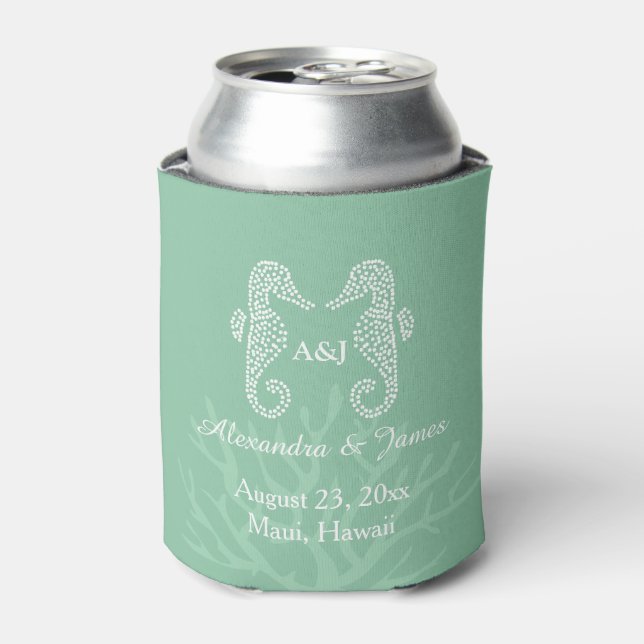 Enfriador De Latas Monograma de boda Seafoam Green Blue Seahorse Beac (Lata Anverso)