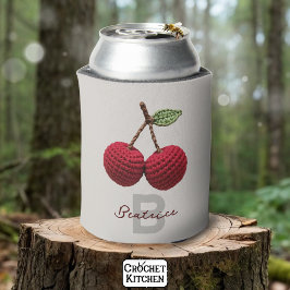 Enfriador De Latas Monograma de cerezo rojo crochet minimalista