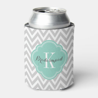 Enfriador De Latas Monograma de Chevron gris y Aqua