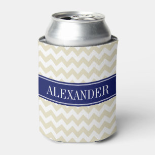 Enfriador De Latas Monograma de Chevron Navy Blanco Beige Nombre