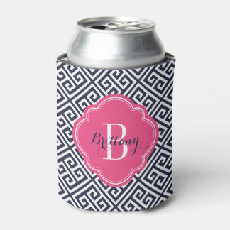 Enfriador De Latas Monograma de clave griega rosa y azul de la marina