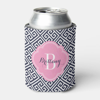 Enfriador De Latas Monograma de clave griega rosa y azul de la marina