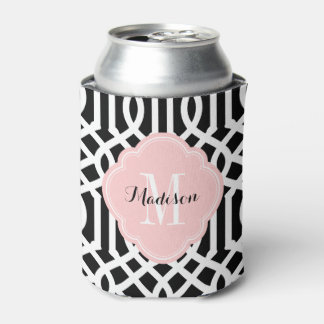 Enfriador De Latas Monograma de enrejado negro y rosa