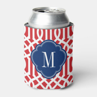 Enfriador De Latas Monograma de enrejado rojo blanco y azul