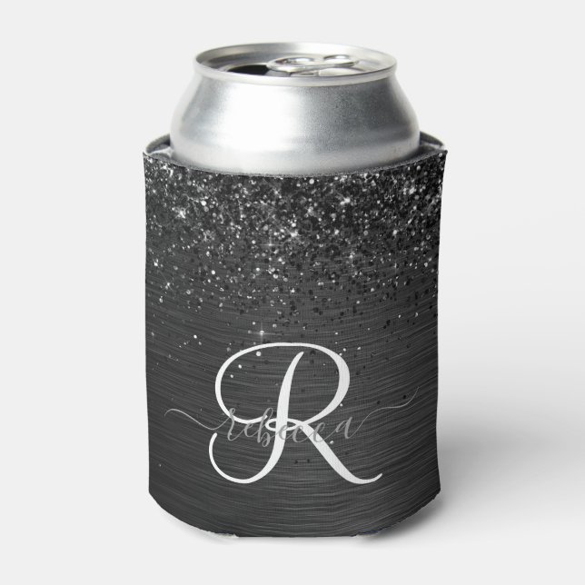 Enfriador De Latas Monograma de espuma de Purpurina negro personaliza (Lata Anverso)