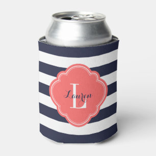 Enfriador De Latas Monograma de franjas de perrito azul y coral de la