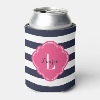 Enfriador De Latas Monograma de franjas de perrito azul y rosa de la