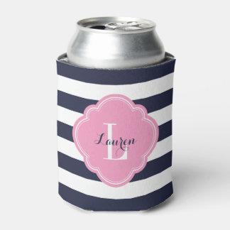 Enfriador De Latas Monograma de franjas de perrito azul y rosa de la