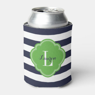 Enfriador De Latas Monograma de franjas de perrito azul y verde de la