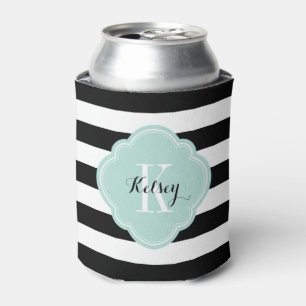 Enfriador De Latas Monograma de franjas de perrito negras y de menta