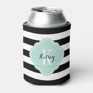 Enfriador De Latas Monograma de franjas de perrito negras y de menta