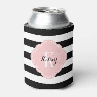 Enfriador De Latas Monograma de franjas de perrito negras y rosas