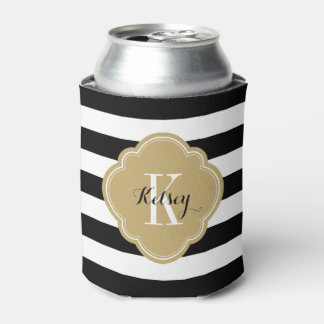 Enfriador De Latas Monograma de franjas de perrito negro y dorado
