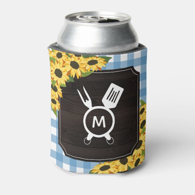 Enfriador De Latas Monograma de girasoles de Gingham azul ruso (Reverso de la lata)