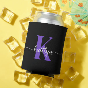 Enfriador De Latas Monograma de guión morado negro