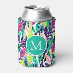 Enfriador De Latas Monograma de hojas de selva tropical modernas y co