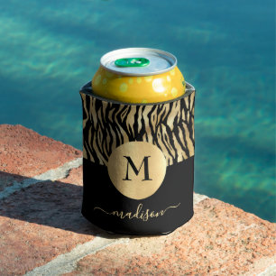 Enfriador De Latas Monograma de impresión de animales de oro negro No