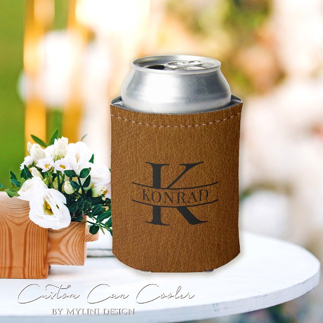 Enfriador De Latas Monograma de impresión de cuero marrón personaliza (Subido por el creador)