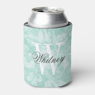 Enfriador De Latas Monograma de impresión floral Aqua Vintage
