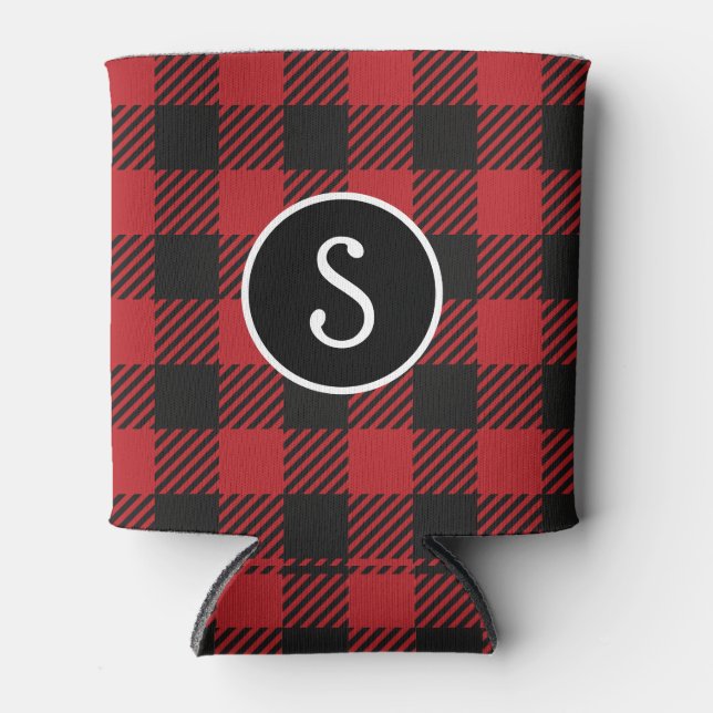 Enfriador De Latas Monograma de juego de búfalo rojo y negro personal (Anverso)