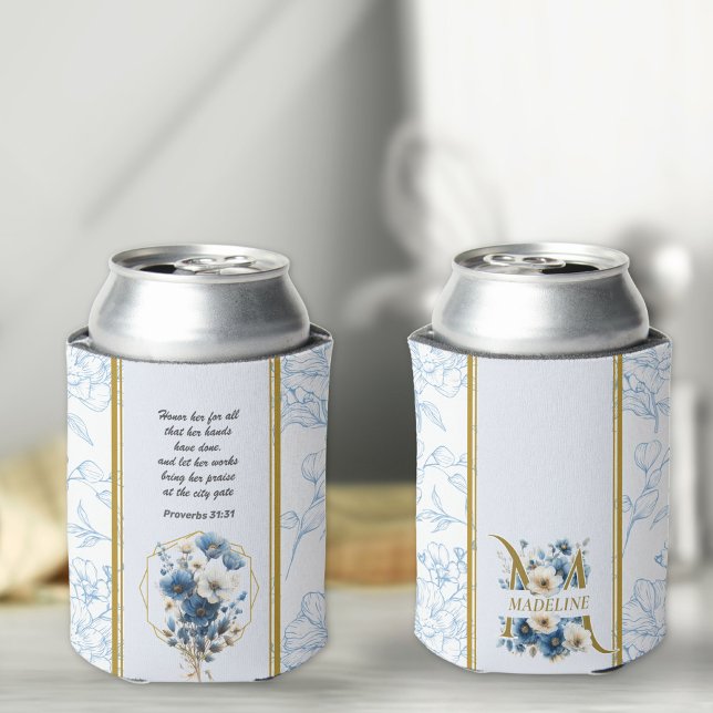 Enfriador De Latas Monograma de la bíblica floral blanca azul moderna (Subido por el creador)