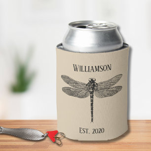 Enfriador De Latas Monograma de la libélula negra vintage