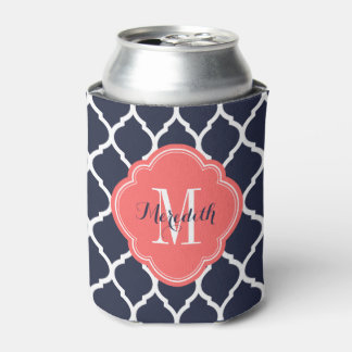 Enfriador De Latas Monograma de la Marina Azul y Coral Marroquí Quatr