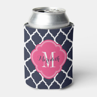 Enfriador De Latas Monograma de la Marina Azul y Rosa Marroquí de Qua