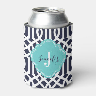 Enfriador De Latas Monograma de la Marina Azul y Turquesa Trellis