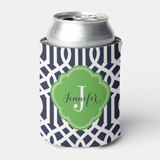 Enfriador De Latas Monograma de la marina azul y verde mosaico