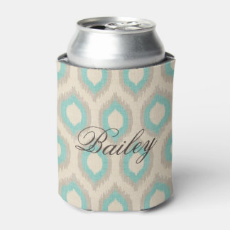 Enfriador De Latas Monograma de línea rústica Beige y Aqua Ikat