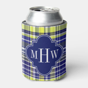 Enfriador De Latas Monograma de Madras de pinátula blanca azul de la 